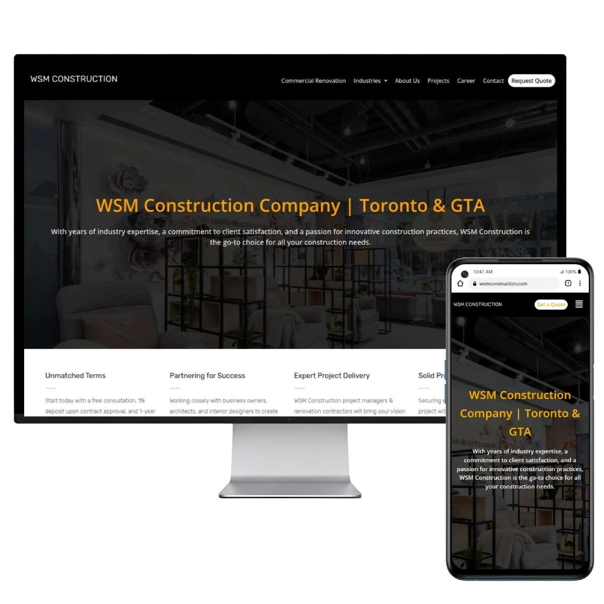 Commercial construction company website design mockup shown on desktop and mobile