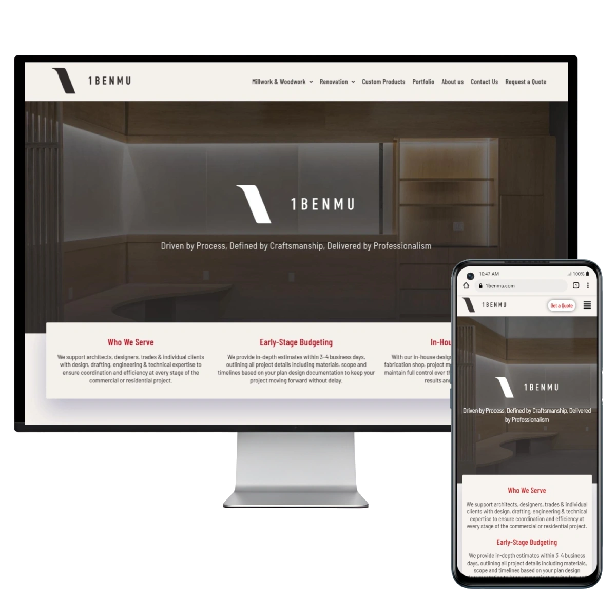 Website design mockup for a commercial construction company shown on desktop and mobile