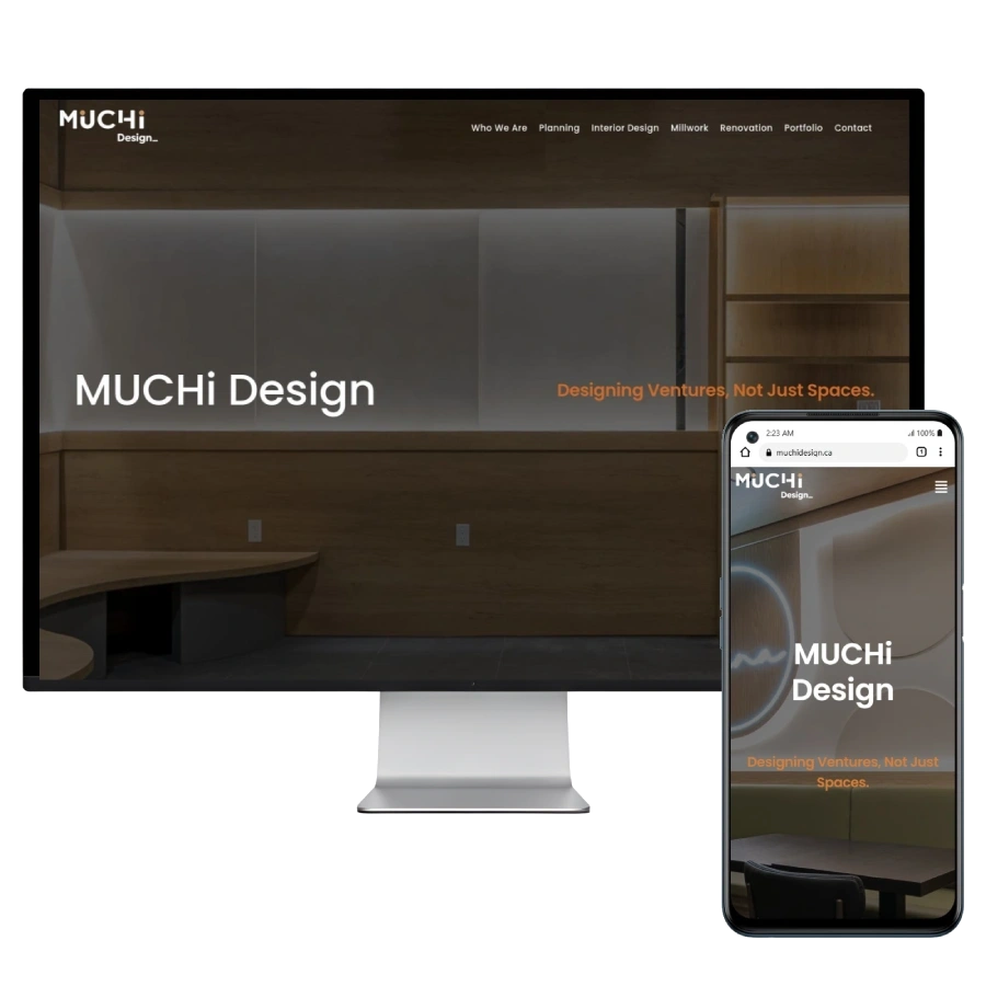 Responsive website design mockup for a commercial interior design studio, shown on desktop and mobile screens