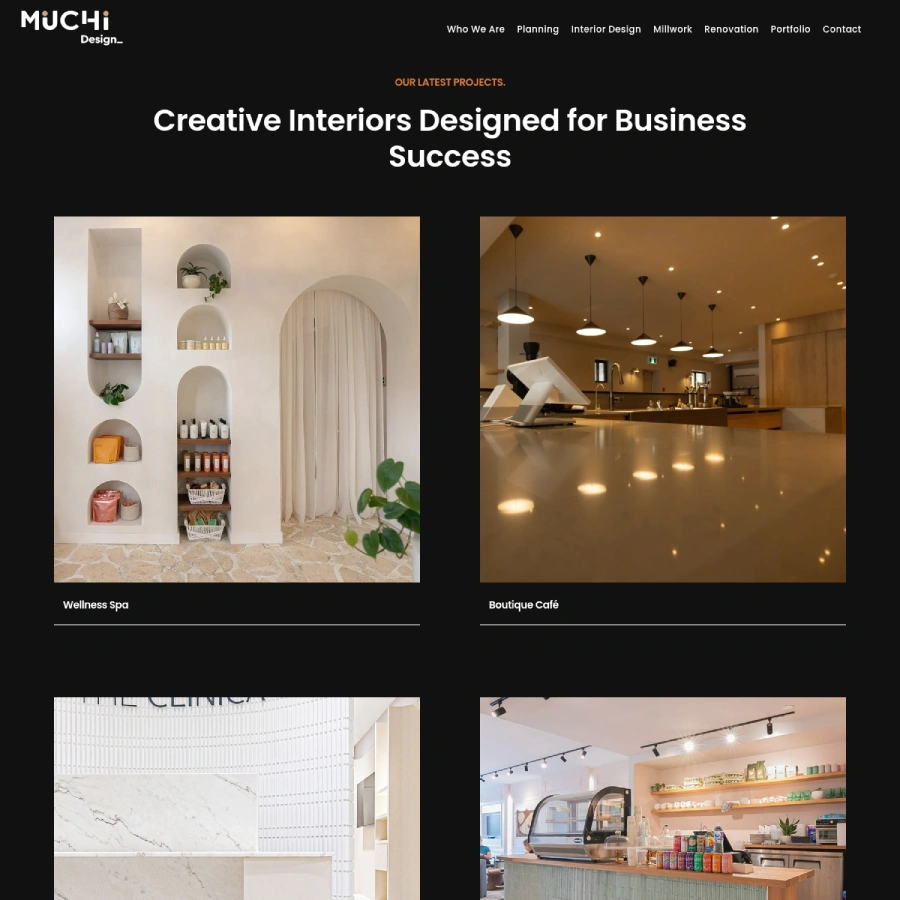 Portfolio page design showing project photography for a commercial interior design studio website