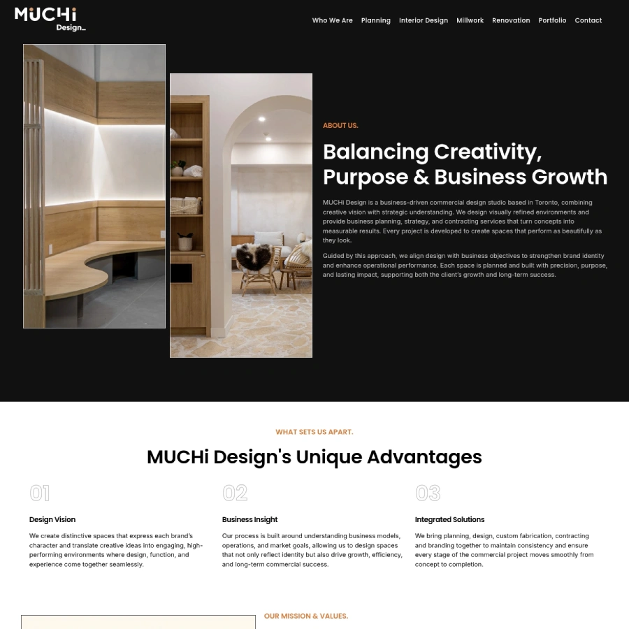 Website section describing the design and business strategy for a commercial interior design studio