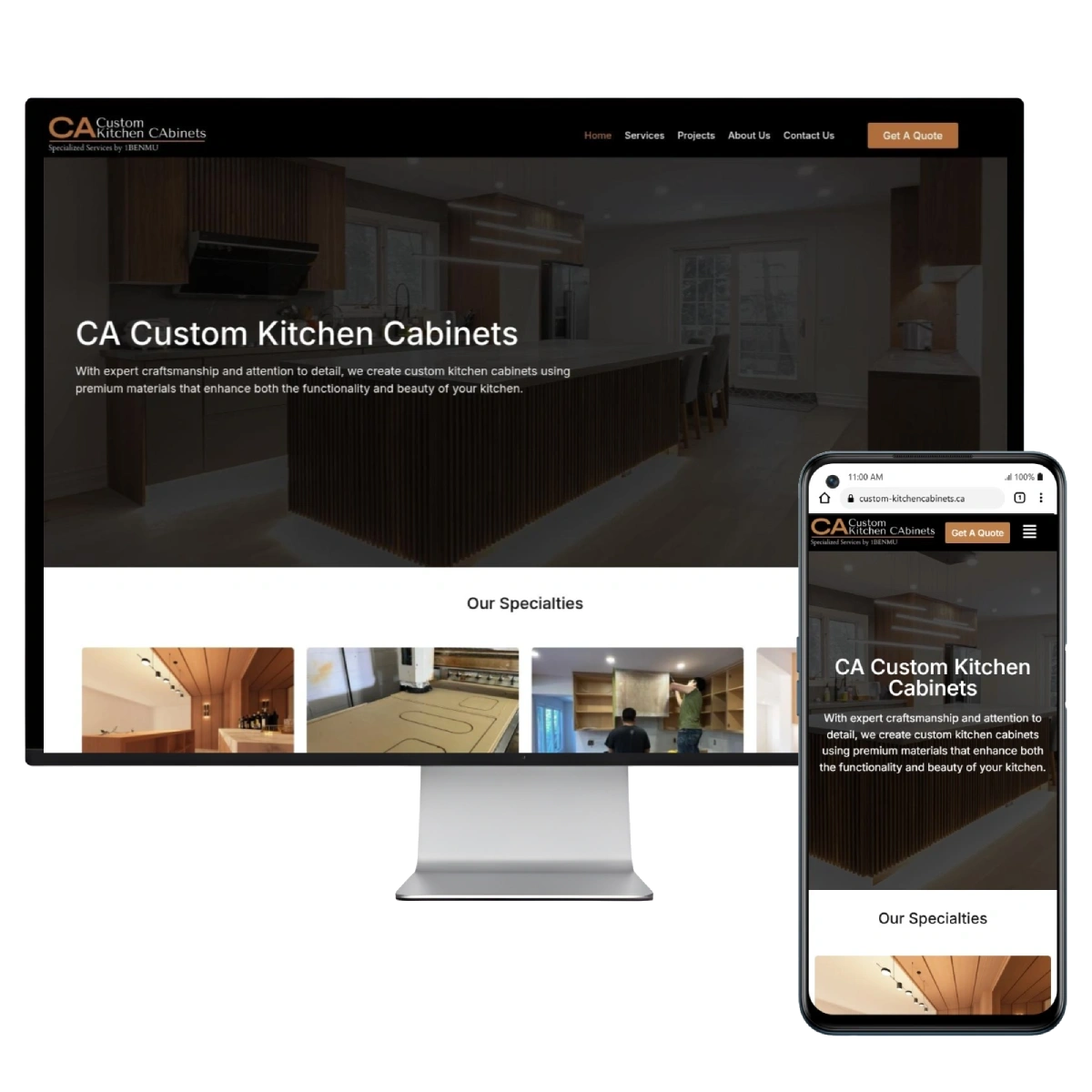 Custom kitchen cabinetry website design mockup shown on desktop and mobile