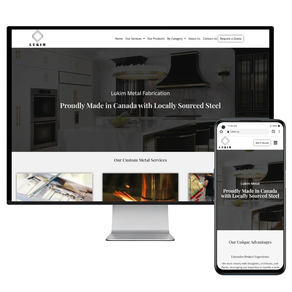 Website mockup showing a custom metal fabrication company’s redesigned site on desktop and mobile