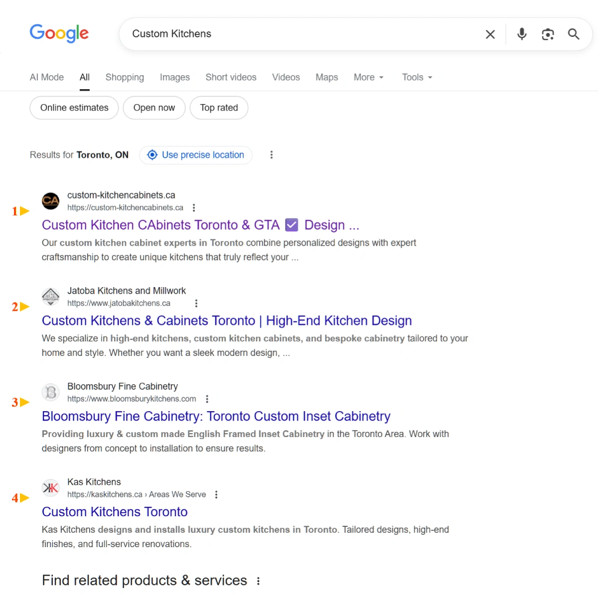 Kitchen cabinetry business Google search ranking results