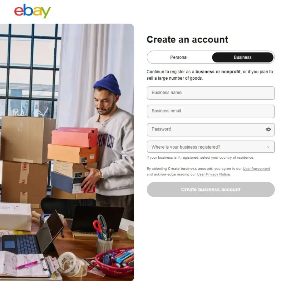 δημιουργία λογαριασμού eBay επιχείρησης